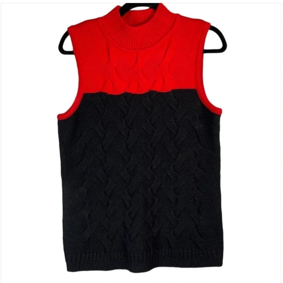 CALVIN KLEIN Red Black Colour Block Sweater Vest Cable Knit Mock Neck Preppy M - Picture 2 of 9